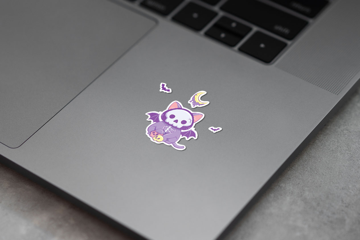 Spooky Skeleton Cat with Bats Purple Aesthetic Creepy Cute Kawaii Pastel Goth 345