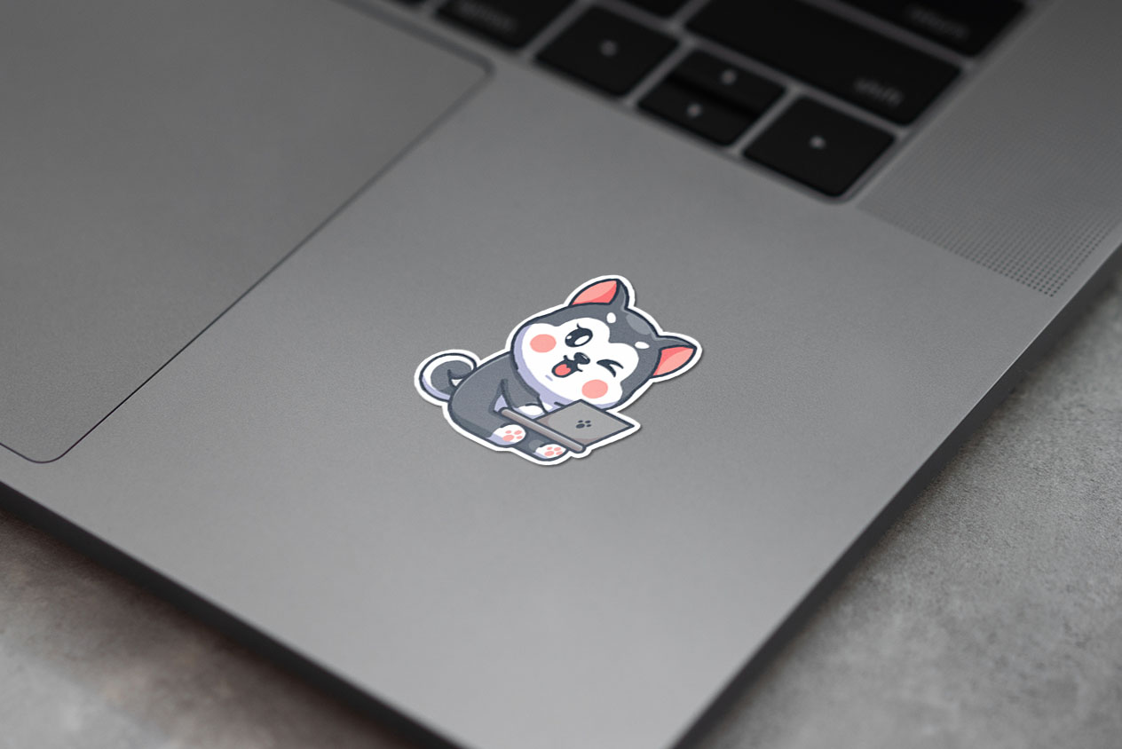 Cute husky dog working on a laptop 383